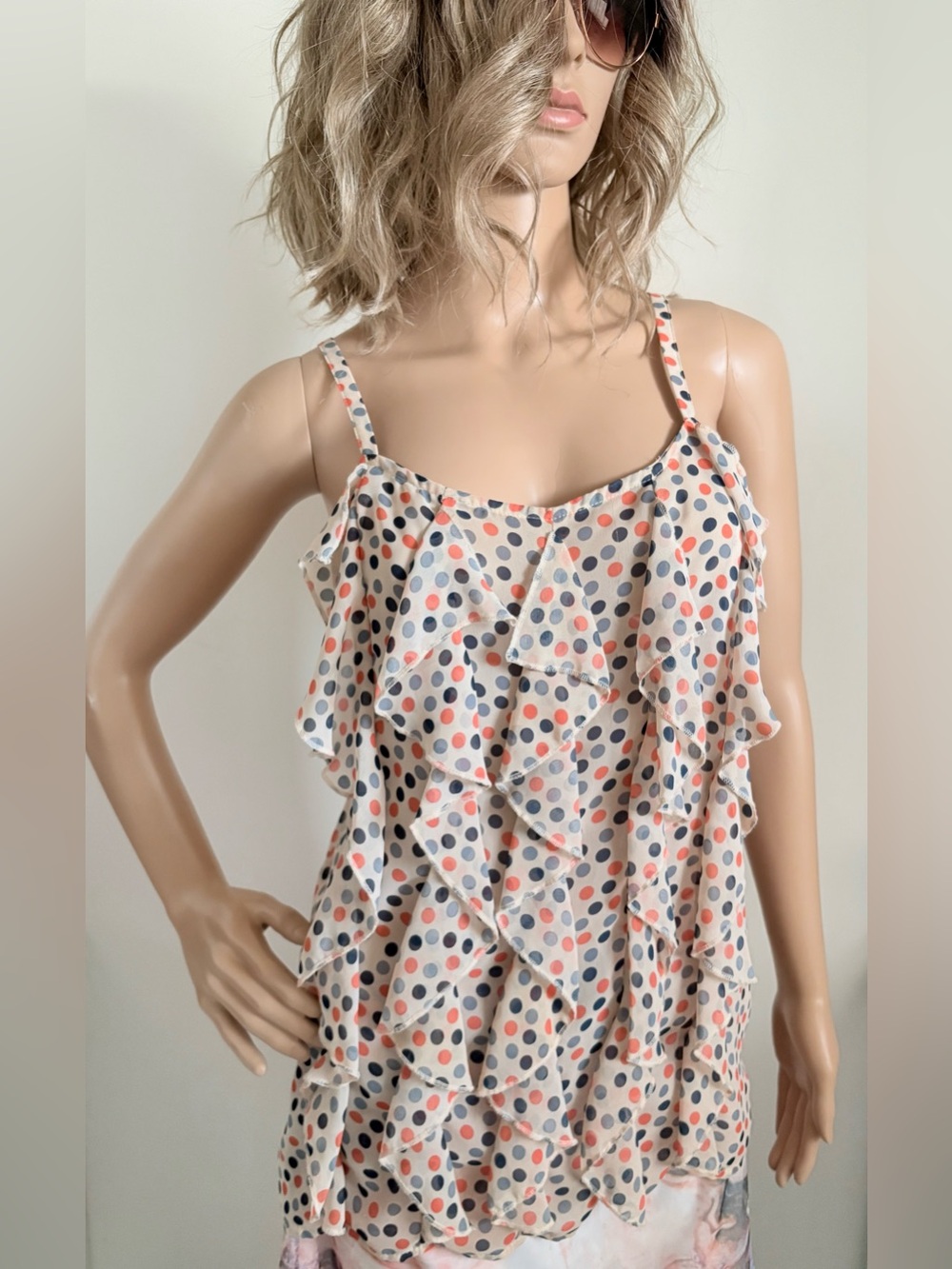 Xhilaration Polka Dot Ruffle Cami Top Cream with Blue & Pink Dots size Medium